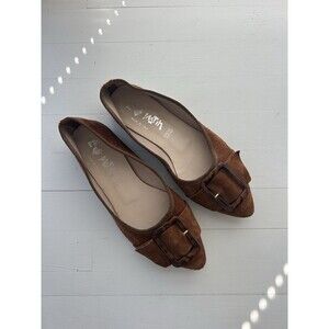 Le Matin Brown Suede Leather Ballet Flats Size 38 Buckle Pointy Toe